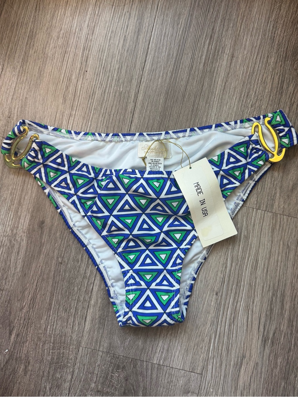 NWT Shoshanna Geometric Triangle Print Bikini Bottom Gold Hardware Blue Green M